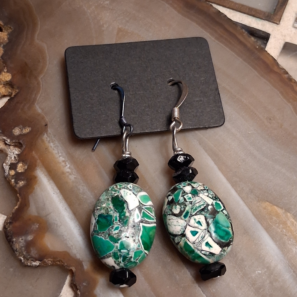 Green Mosaic Drop Earrings with Black Bead Accents - Women Jewelry